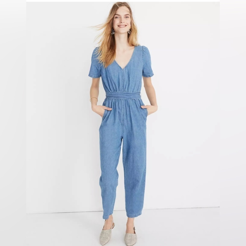 Madewell Denim Puff-Sleeve Tapered Jumpsuit
